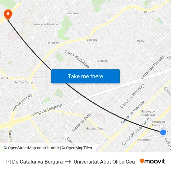 Pl De Catalunya-Bergara to Universitat Abat Oliba Ceu map