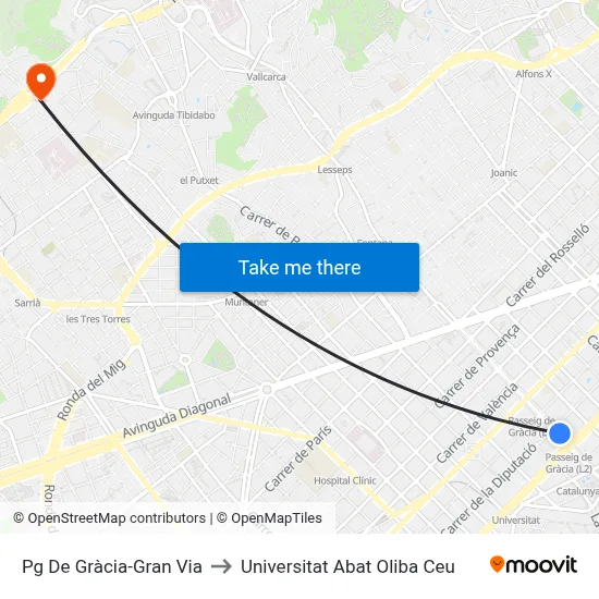 Pg De Gràcia-Gran Via to Universitat Abat Oliba Ceu map