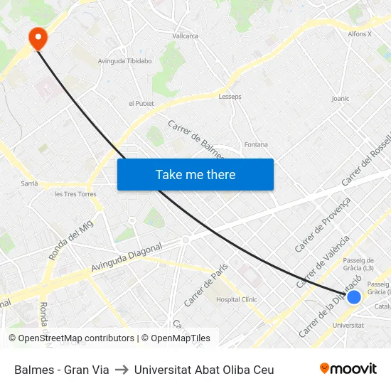 Balmes - Gran Via to Universitat Abat Oliba Ceu map