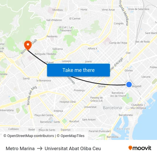 Metro Marina to Universitat Abat Oliba Ceu map