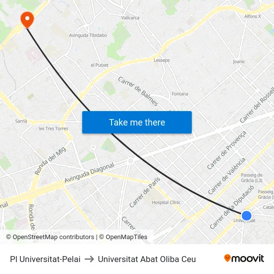 Pl Universitat-Pelai to Universitat Abat Oliba Ceu map