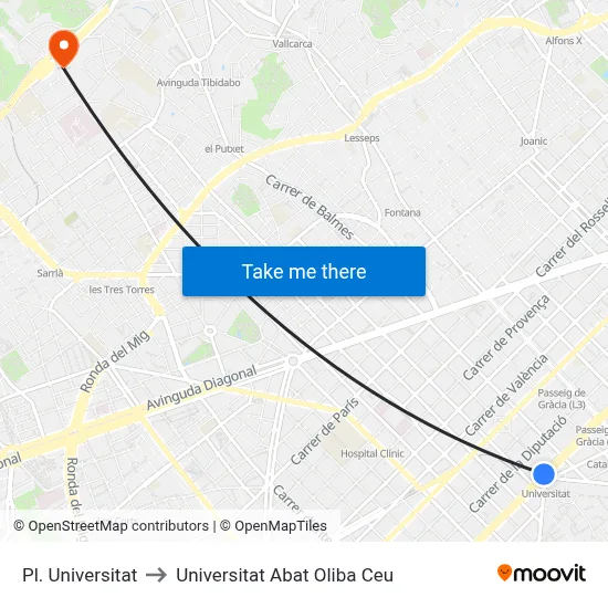 Pl. Universitat to Universitat Abat Oliba Ceu map