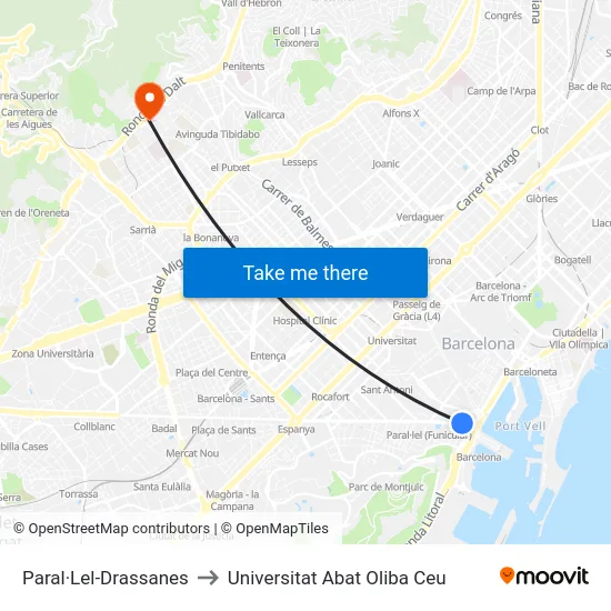 Paral·Lel-Drassanes to Universitat Abat Oliba Ceu map