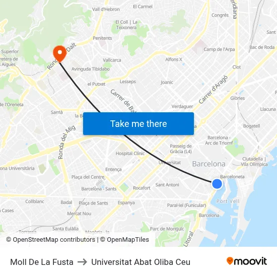 Moll De La Fusta to Universitat Abat Oliba Ceu map