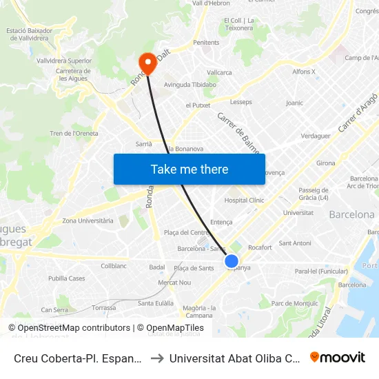Creu Coberta-Pl. Espanya to Universitat Abat Oliba Ceu map