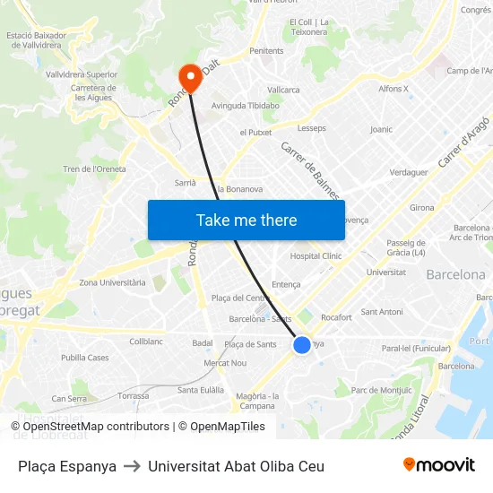 Plaça Espanya to Universitat Abat Oliba Ceu map