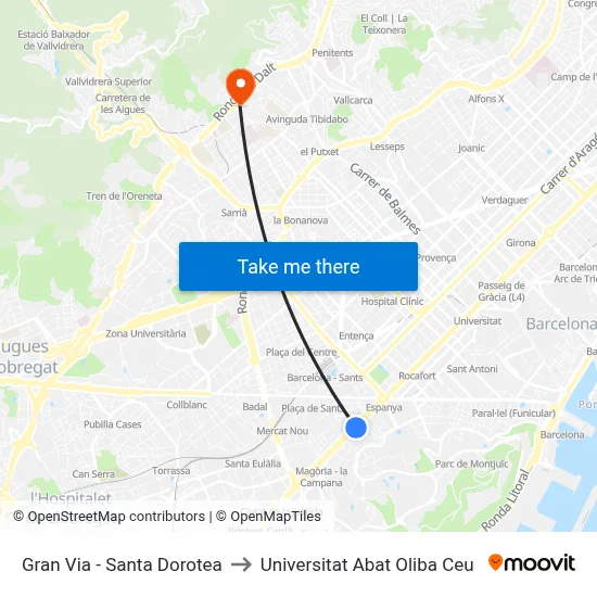 Gran Via - Santa Dorotea to Universitat Abat Oliba Ceu map