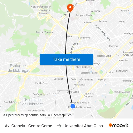 Av. Granvia - Centre Comercial to Universitat Abat Oliba Ceu map