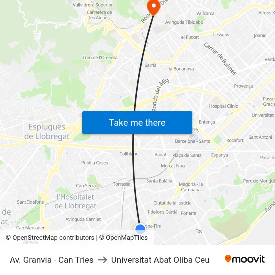 Av. Granvia - Can Tries to Universitat Abat Oliba Ceu map