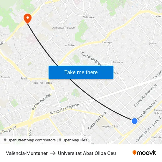 València-Muntaner to Universitat Abat Oliba Ceu map