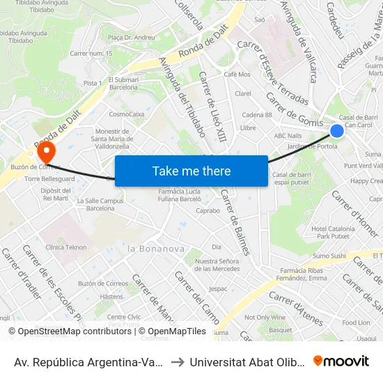 Av. República Argentina-Vallcarca to Universitat Abat Oliba Ceu map