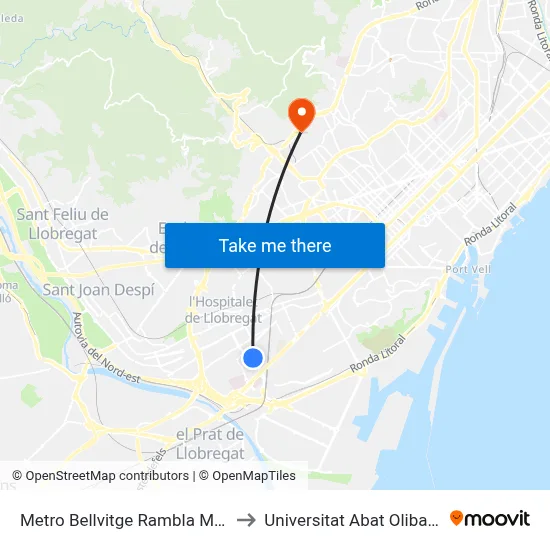 Metro Bellvitge Rambla Marina to Universitat Abat Oliba Ceu map