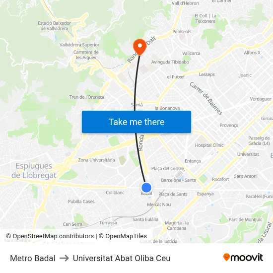 Metro Badal to Universitat Abat Oliba Ceu map