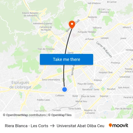 Riera Blanca - Les Corts to Universitat Abat Oliba Ceu map
