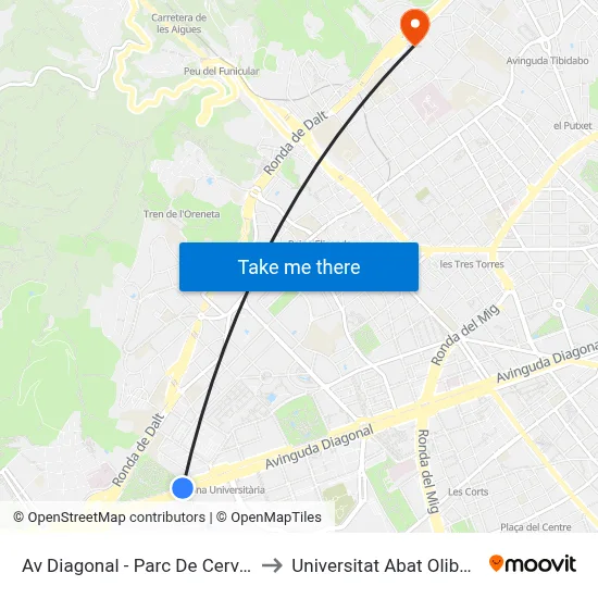Av Diagonal - Parc De Cervantes to Universitat Abat Oliba Ceu map