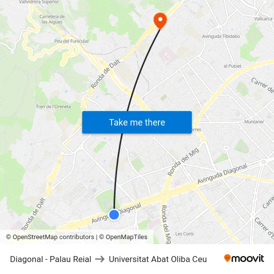 Diagonal - Palau Reial to Universitat Abat Oliba Ceu map