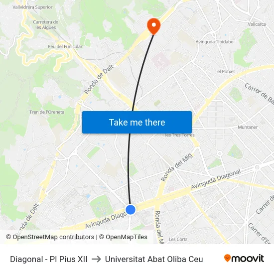 Diagonal - Pl Pius XII to Universitat Abat Oliba Ceu map