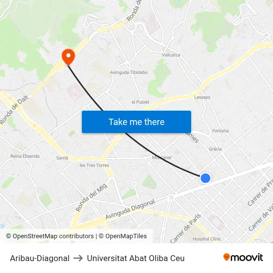 Aribau-Diagonal to Universitat Abat Oliba Ceu map
