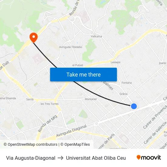 Via Augusta-Diagonal to Universitat Abat Oliba Ceu map