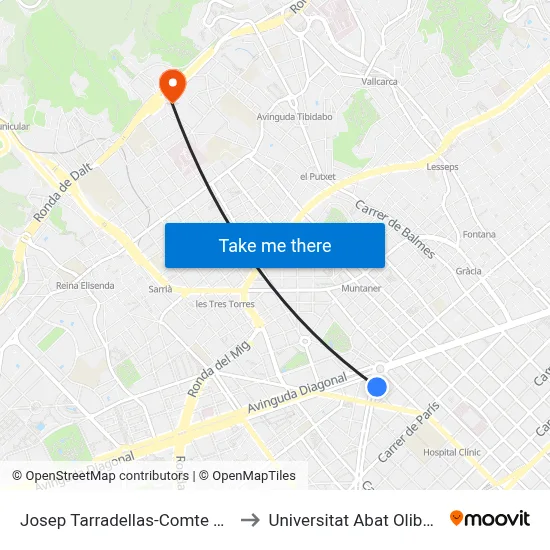 Josep Tarradellas-Comte Borrell to Universitat Abat Oliba Ceu map