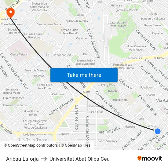 Aribau-Laforja to Universitat Abat Oliba Ceu map