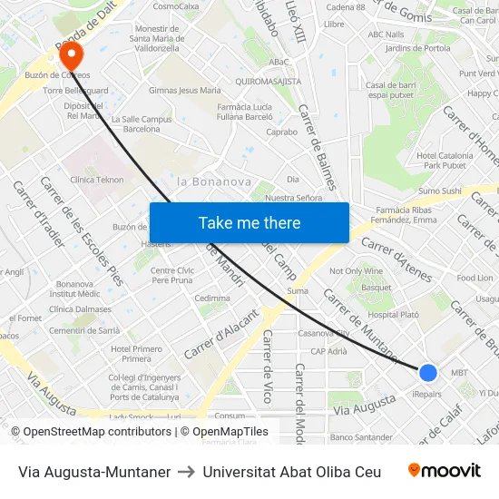 Via Augusta-Muntaner to Universitat Abat Oliba Ceu map