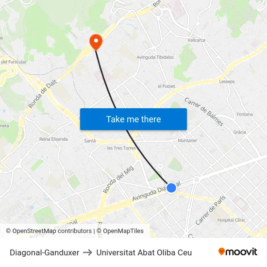 Diagonal-Ganduxer to Universitat Abat Oliba Ceu map