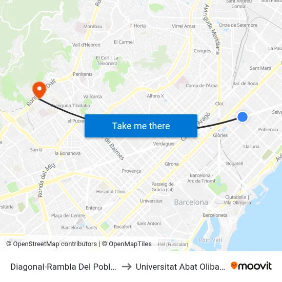Diagonal-Rambla Del Poblenou to Universitat Abat Oliba Ceu map
