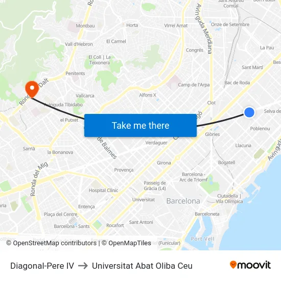 Diagonal-Pere IV to Universitat Abat Oliba Ceu map