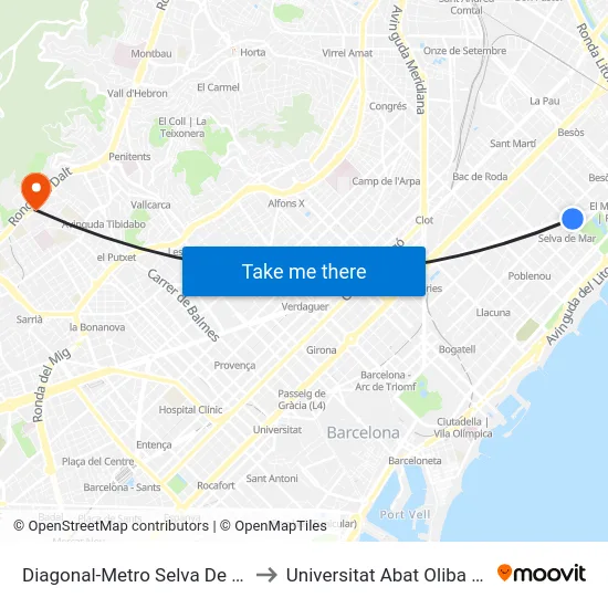 Diagonal-Metro Selva De Mar to Universitat Abat Oliba Ceu map