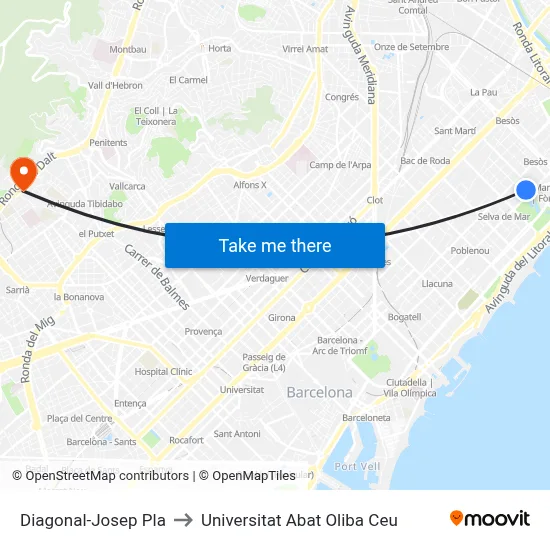 Diagonal-Josep Pla to Universitat Abat Oliba Ceu map