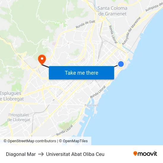 Diagonal Mar to Universitat Abat Oliba Ceu map