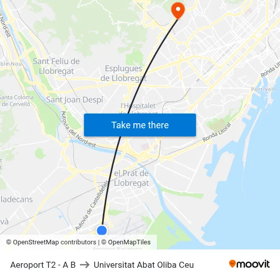 Aeroport T2 B - Sortides to Universitat Abat Oliba Ceu map