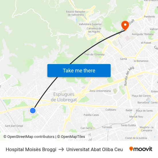 Hospital Moisès Broggi to Universitat Abat Oliba Ceu map