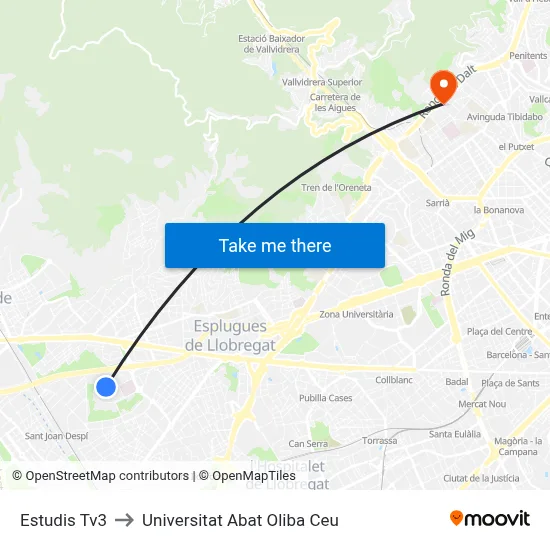 Estudis Tv3 to Universitat Abat Oliba Ceu map