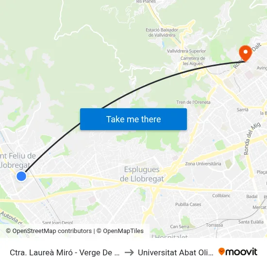Ctra. Laureà Miró - Verge De La Mercè to Universitat Abat Oliba Ceu map