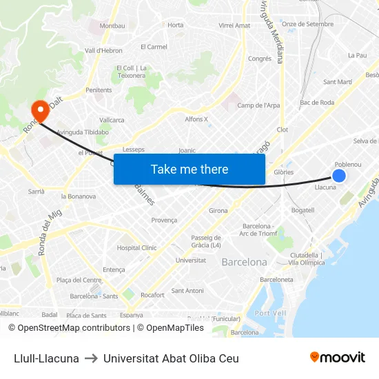 Llull-Llacuna to Universitat Abat Oliba Ceu map