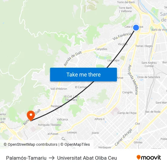Palamós-Tamariu to Universitat Abat Oliba Ceu map
