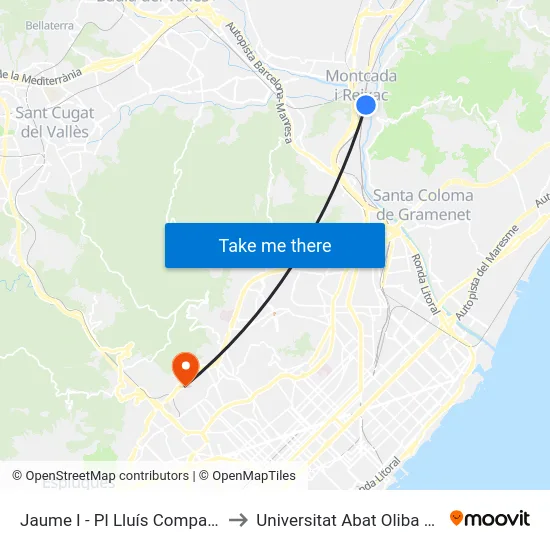 Jaume I - Pl Lluís Companys to Universitat Abat Oliba Ceu map