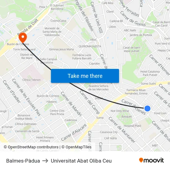 Balmes-Pàdua to Universitat Abat Oliba Ceu map