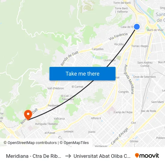 Meridiana - Ctra De Ribes to Universitat Abat Oliba Ceu map