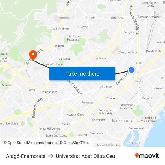 Aragó-Enamorats to Universitat Abat Oliba Ceu map