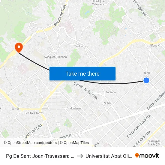 Pg De Sant Joan-Travessera De Gràcia to Universitat Abat Oliba Ceu map