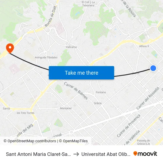 Sant Antoni Maria Claret-Sardenya to Universitat Abat Oliba Ceu map