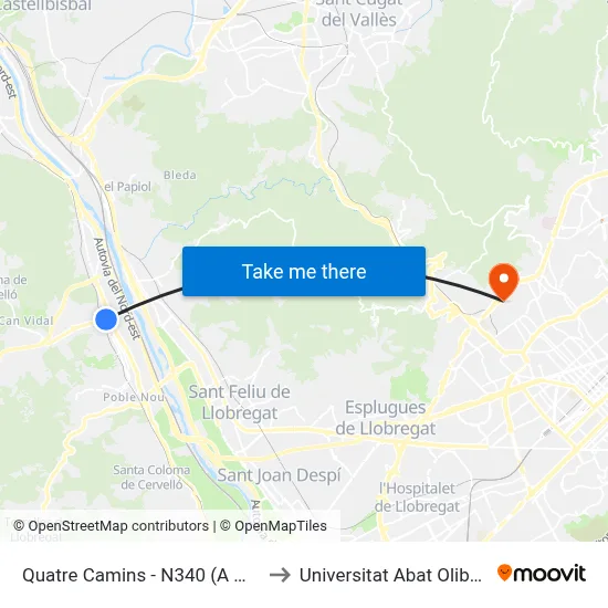 Quatre Camins - N340 (A Molins) to Universitat Abat Oliba Ceu map