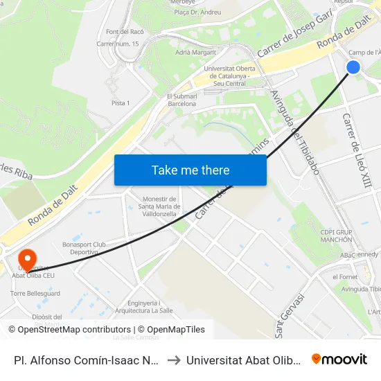Pl. Alfonso Comín-Isaac Newton to Universitat Abat Oliba Ceu map