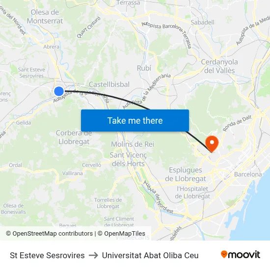 St Esteve Sesrovires to Universitat Abat Oliba Ceu map