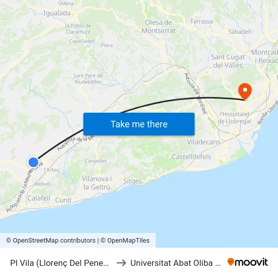 Pl Vila (Llorenç Del Penedès) to Universitat Abat Oliba Ceu map