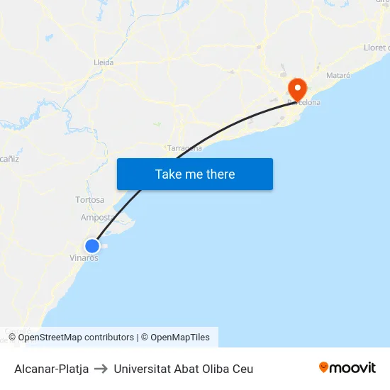 Alcanar-Platja to Universitat Abat Oliba Ceu map