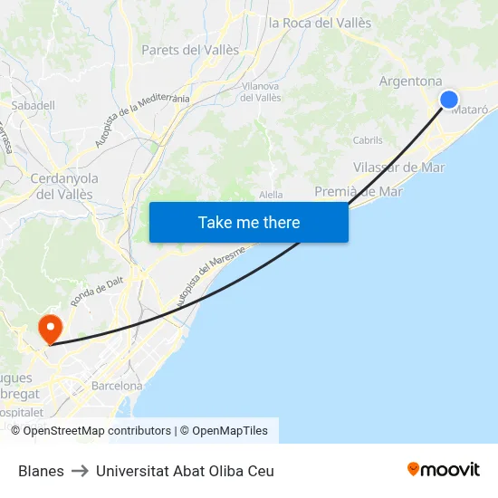 Blanes to Universitat Abat Oliba Ceu map